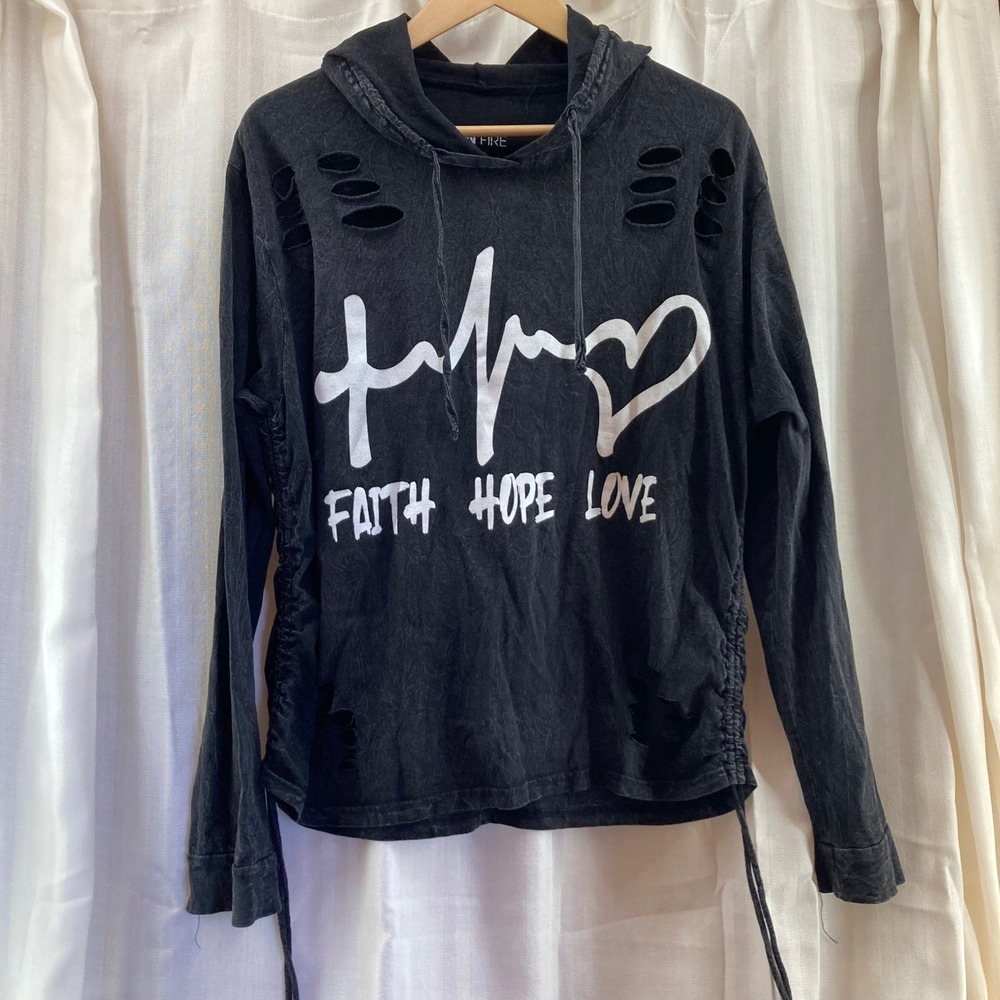 On Fire Distressed Hoodie Faith Hope Love Graphic Pullover‎ 2X